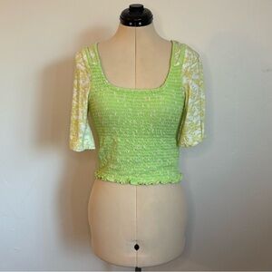 Free People Marigold Smocked Crop Tee in Key Lime, Green/Yellow Paisley Top, M